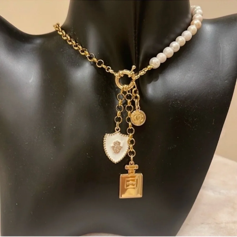 Chanel Holiday Fragrance Charm With Gold and Pearl Necklace